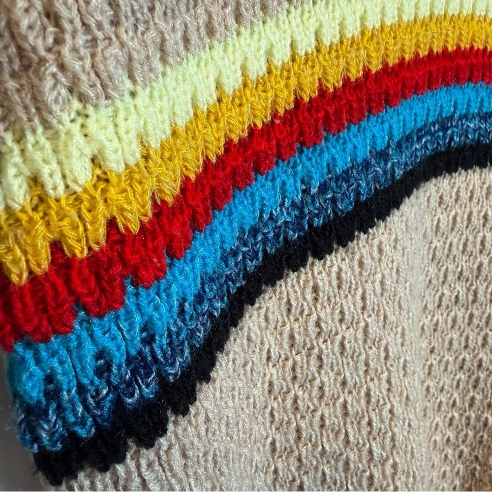 Vintage 90s Rainbow Stripe Knit Sweater Retro Y2K Fitted Crew Neck Neutral Cozy - Picture 4 of 9